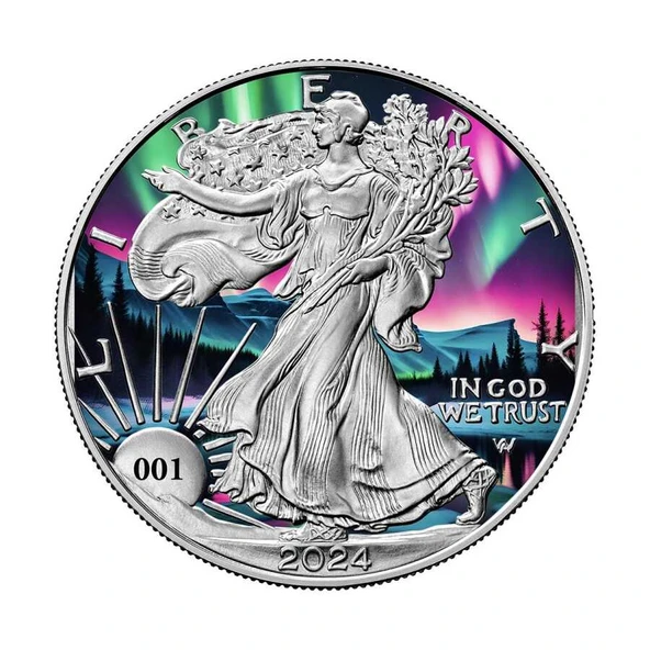 AgaKulche Walking Liberty Northern Lights 2024 1 Ons Gümüş Sikke Coin