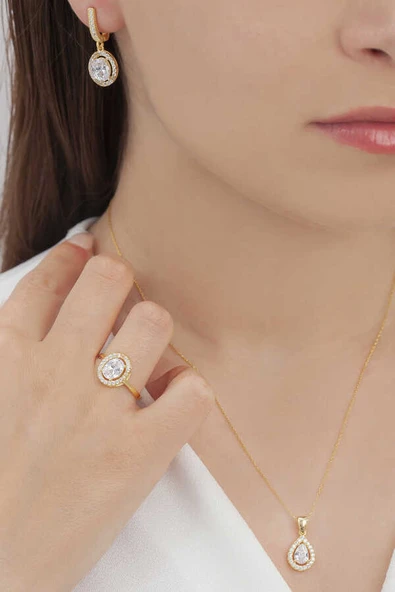 AgaKulche Oval Tasarım Gümüş Takı Seti Gold S102GB 925 ürün görseli 1