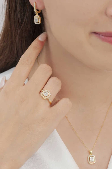 AgaKulche Baget Taşlı Gümüş Takı Seti Gold S32GB 925 - 5