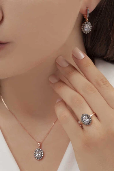AgaKulche Oval Model Kadın Gümüş Takı Seti Kalemli S62EB 925