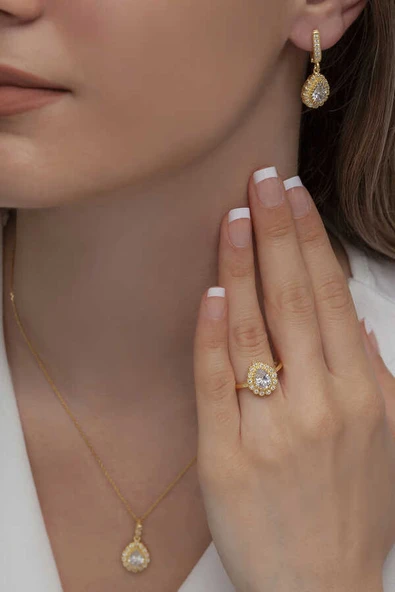 AgaKulche Damla Model Gümüş Takı Seti Gold S60GB 925