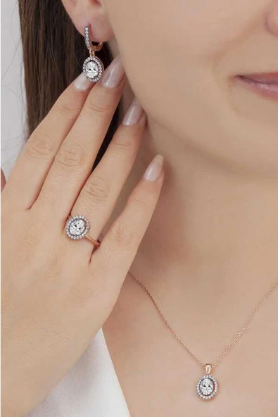 AgaKulche Oval Tasarım Gümüş Takı Seti Elmas Montür S102EB 925 ürün görseli