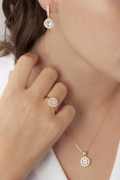 AgaKulche Tek Taş Gümüş Takı Seti S66GB 925 ürün görseli 1