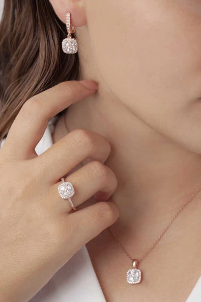 AgaKulche Baget Kare Kadın Gümüş Set Rose S50RB 925 ürün görseli 1