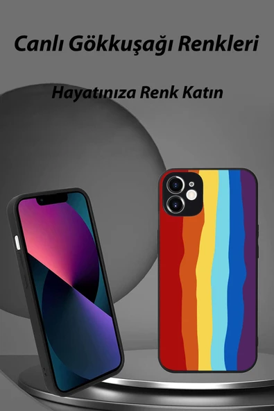 PrintiFy  Apple iPhone 12 Pro Max Kamera Korumalı Haki Gökkuşağı Desenli Cam Kapak Haki - Resim 2