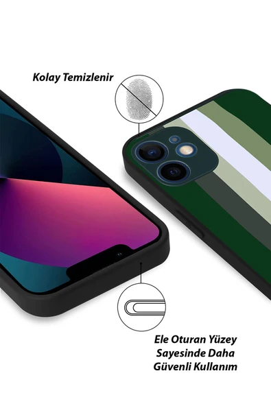 PrintiFy  Apple iPhone 12 Pro Max Kamera Korumalı Haki Gökkuşağı Desenli Cam Kapak Haki - Resim 5