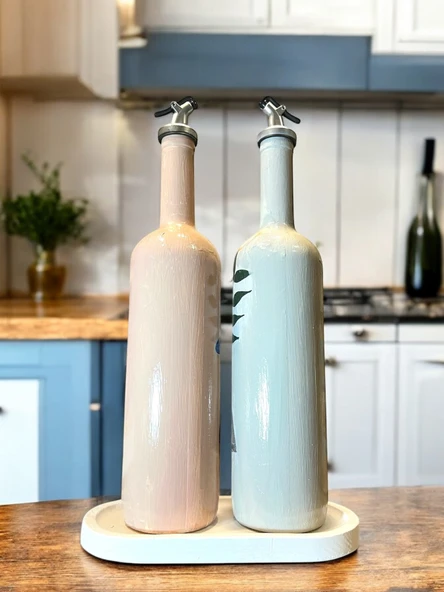 El yapımı Mavi Çiçekli Kız Desenli Sunum Stantlı 75 ml Zeytinyağı Sıvıyağ Şişesi Yağdanlık 2 li set - 5