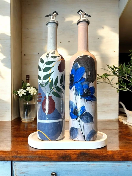 El yapımı Mavi Çiçekli Kız Desenli Sunum Stantlı 75 ml Zeytinyağı Sıvıyağ Şişesi Yağdanlık 2 li set - 7