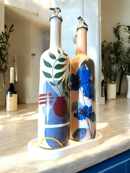 El yapımı Mavi Çiçekli Kız Desenli Sunum Stantlı 75 ml Zeytinyağı Sıvıyağ Şişesi Yağdanlık 2 li set - 4