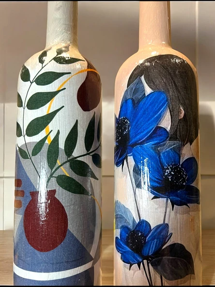 El yapımı Mavi Çiçekli Kız Desenli Sunum Stantlı 75 ml Zeytinyağı Sıvıyağ Şişesi Yağdanlık 2 li set - 6