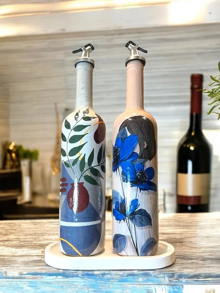 El yapımı Mavi Çiçekli Kız Desenli Sunum Stantlı 75 ml Zeytinyağı Sıvıyağ Şişesi Yağdanlık 2 li set - 2