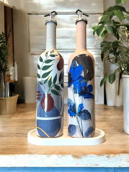 El yapımı Mavi Çiçekli Kız Desenli Sunum Stantlı 75 ml Zeytinyağı Sıvıyağ Şişesi Yağdanlık 2 li set - 8