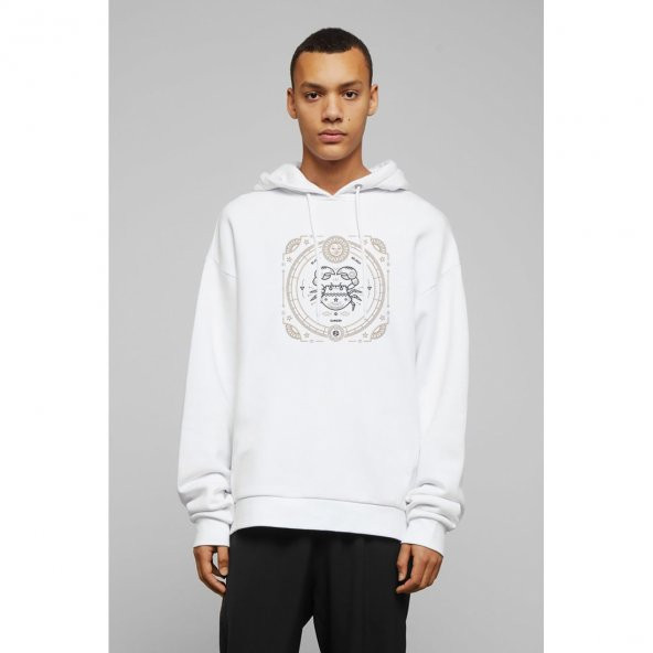 Burç Yengeç Cancer Baskılı Beyaz Erkek Örme Kapşonlu Sweatshirt Uzun kol - 1