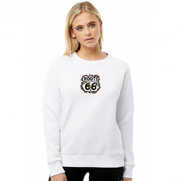Route 66 Logo Clipart Route 66 Baskılı Beyaz Kadın Örme Sweatshirt Uzun kol
