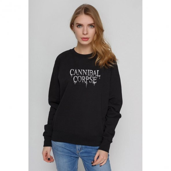 Cannibal Corpse Logo Baskılı Siyah Kadın Örme Sweatshirt Uzun kol
