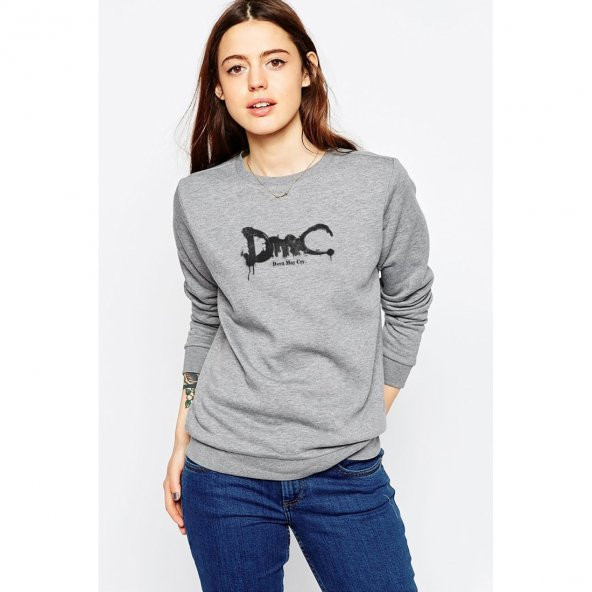 Dmc Devil May Cry Logo Baskılı Gri Kadın Örme Sweatshirt Uzun kol