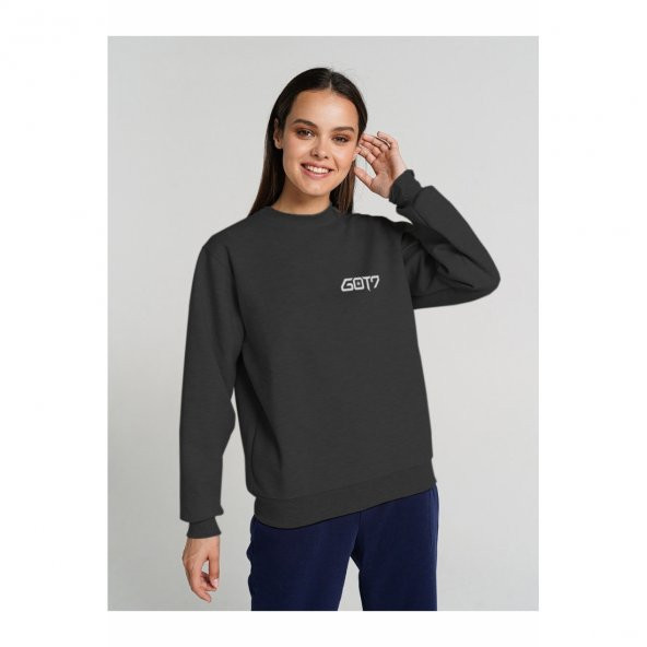 GOT 7 Logo Baskılı Füme Antrasit Kadın Örme Sweatshirt Uzun kol