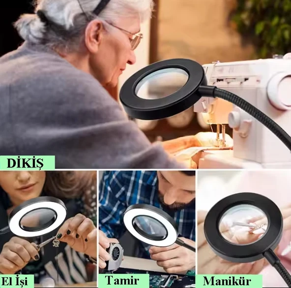 C48 Güçlü Işıklı Büyüteçli Masa Lambası - Büyüteçli Çalışma Lambası 3 Farklı Işık Rengi USB Gİrişli - 6