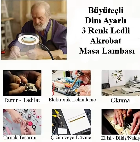 C48 Güçlü Işıklı Büyüteçli Masa Lambası - Büyüteçli Çalışma Lambası 3 Farklı Işık Rengi USB Gİrişli - 2