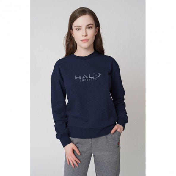 Halo Infinite Logo Baskılı Indigo Mavi Kadın Örme Sweatshirt Uzun kol