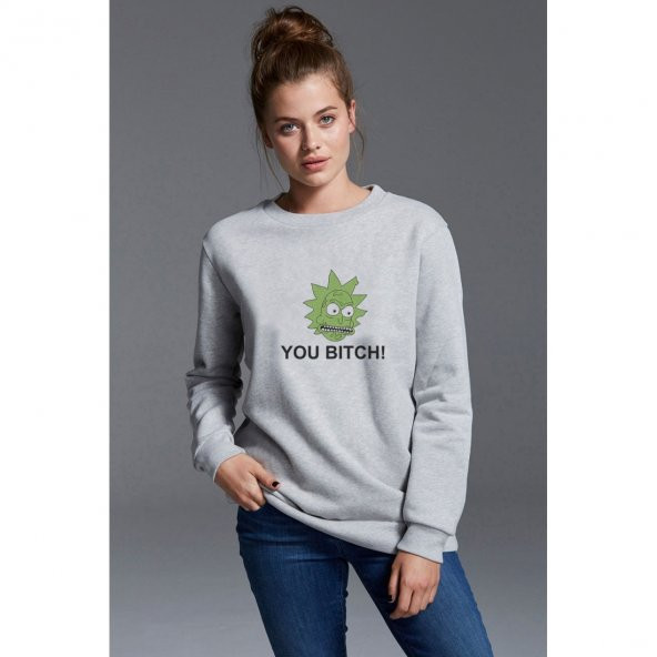 Rick And Morty Toxic Rick BITCH Baskılı Gri Kadın Örme Sweatshirt Uzun kol - 1