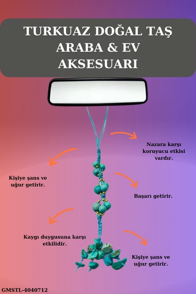 GÜMÜŞTEL EL SANATLARI Sertifikalı Doğal Taş Turkuaz Sallanan Dikiz Ayna Süsü Yeni Trend Araç Ayna Süsü El Yapımı