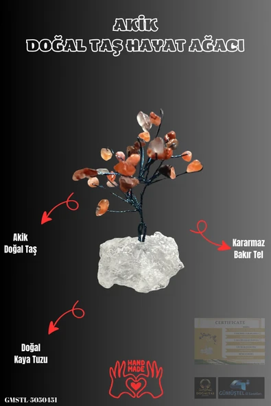 GÜMÜŞTEL EL SANATLARI Sertifikalı Doğal Taş Akik Taşı Dekoratif El Yapımı Ağaç - 3