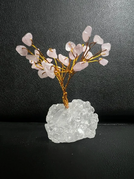 GÜMÜŞTEL EL SANATLARI Sertifikalı Doğal Taş Pembe Kuvars Taşı Dekoratif El Yapımı Ağaç - 3