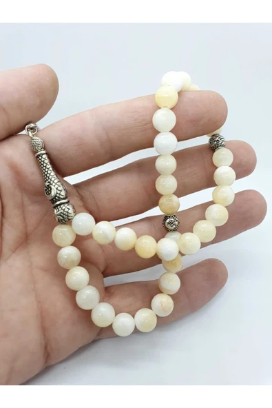 GÜMÜŞTEL EL SANATLARI Sertifikalı Aragonit Doğal Taş Tesbih 8 Mm Krem Beyaz Damarlı - 3
