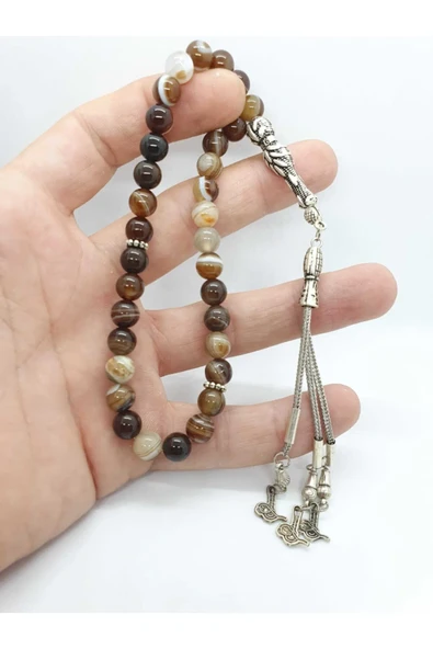 GÜMÜŞTEL EL SANATLARI Sertifikalı Süleymaniye Akik Taşı Doğal Taş Tesbih 8 Mm Kahve Damarlı