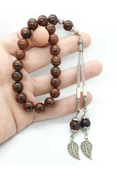 GÜMÜŞTEL EL SANATLARI Sertifikalı Kahverengi Obsidyen Taşı Doğal Taş Efe Tesbih 10 Mm Maskot