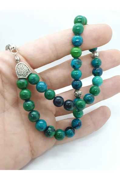 GÜMÜŞTEL EL SANATLARI Sertifikalı Krizokol Doğal Taş Tesbih 8 Mm Yeşil Damarlı