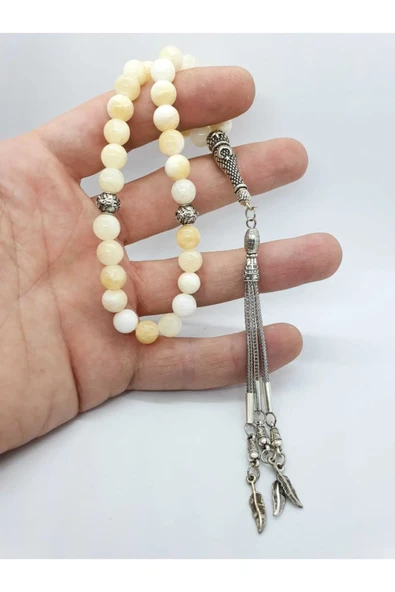 GÜMÜŞTEL EL SANATLARI Sertifikalı Aragonit Doğal Taş Tesbih 8 Mm Krem Beyaz Damarlı - 5