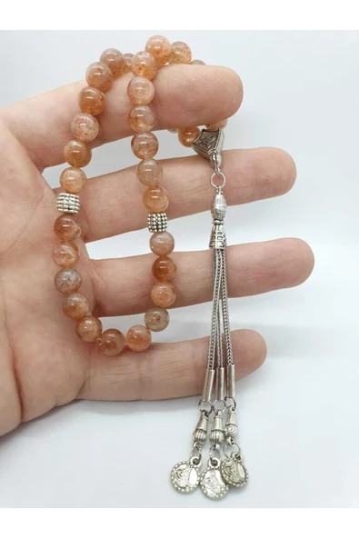 GÜMÜŞTEL EL SANATLARI Sertifikalı Güneş Doğal Taş Tesbih 8 Mm Bal Renk - 3
