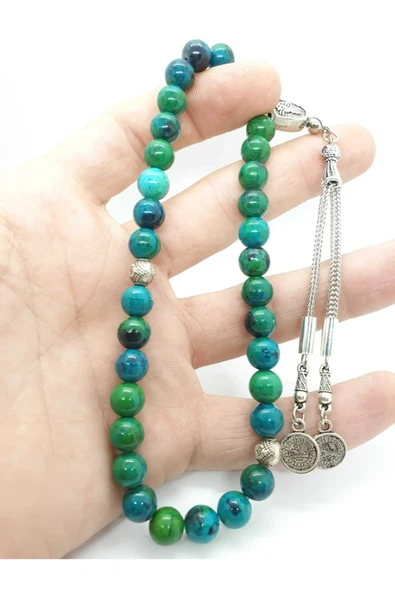 GÜMÜŞTEL EL SANATLARI Sertifikalı Krizokol Doğal Taş Tesbih 8 Mm Yeşil Damarlı - 5