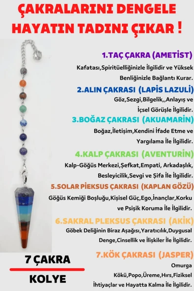 GÜMÜŞTEL EL SANATLARI Sertifikalı Pandül Kesim 7 Çakra Doğal Taş Kadın Kolye Sarkaç Özel Tasarım Kolye Zinciri Hediyeli ürün görseli 1