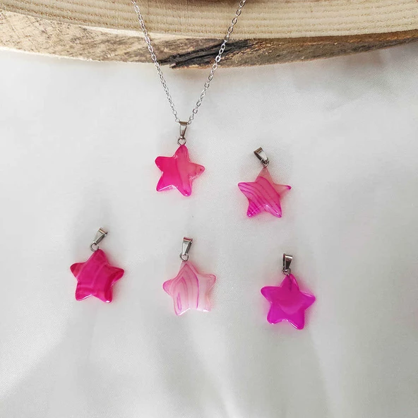 GÜMÜŞTEL EL SANATLARI Sertifikalı Pembe Akik Doğal Taş Kolye Yıldız Model Zincir - Resim 2