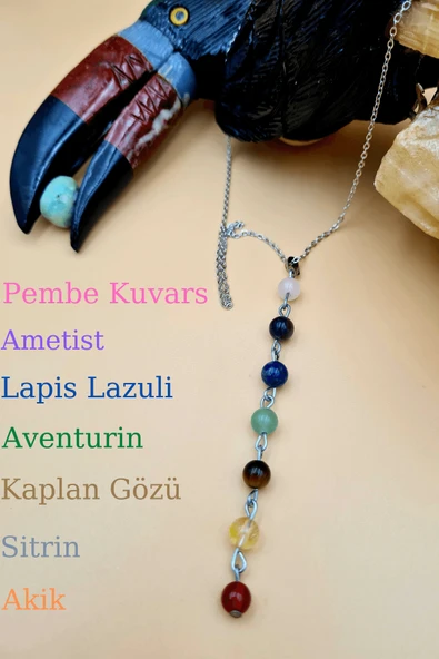 GÜMÜŞTEL EL SANATLARI Sertifikalı Doğal 7 Çakra Özel Tasarım Kolye Orijinal Doğal Taş Zincir Hediyeli - 1