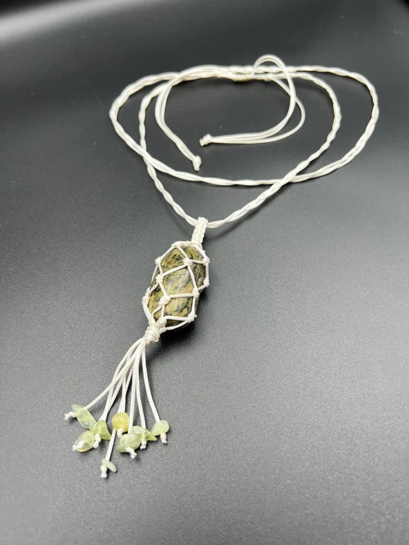 GÜMÜŞTEL EL SANATLARI Sertifikalı Yeşim Mutluluk Taşı Doğal Taş Tasarım Kolye El Yapımı Örgü Model Aaa Kalite - Resim 3