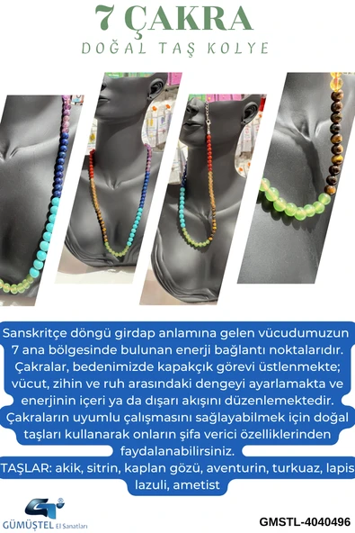 GÜMÜŞTEL EL SANATLARI Sertifikalı Doğal Taş 7 Çakra Tasarım Kolye - 2