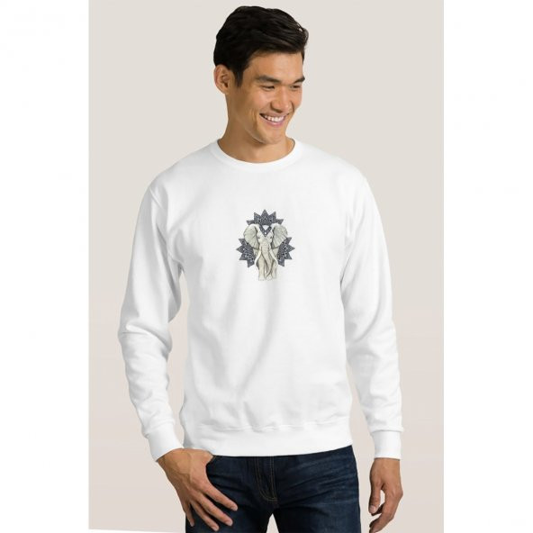 Zentangle Elephants Etnik Desenli Fil Baskılı Beyaz Erkek Örme Sweatshirt Uzun kol