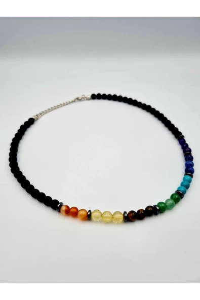 GÜMÜŞTEL EL SANATLARI Sertifikalı Doğal Taş 7 Çakra Oniks Hematit Taşı Tasarım Kolye - Resim 4