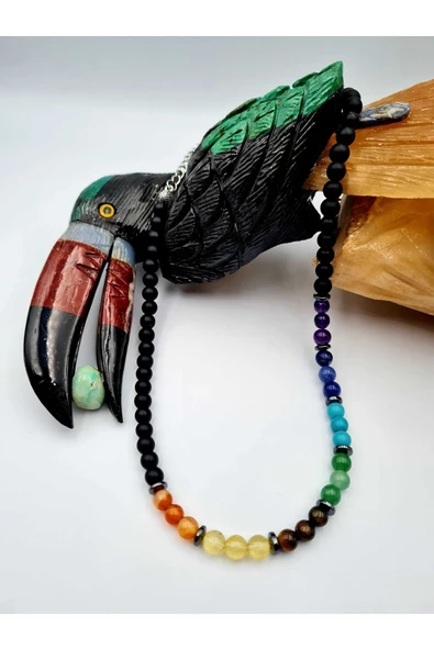 GÜMÜŞTEL EL SANATLARI Sertifikalı Doğal Taş 7 Çakra Oniks Hematit Taşı Tasarım Kolye - Resim 2