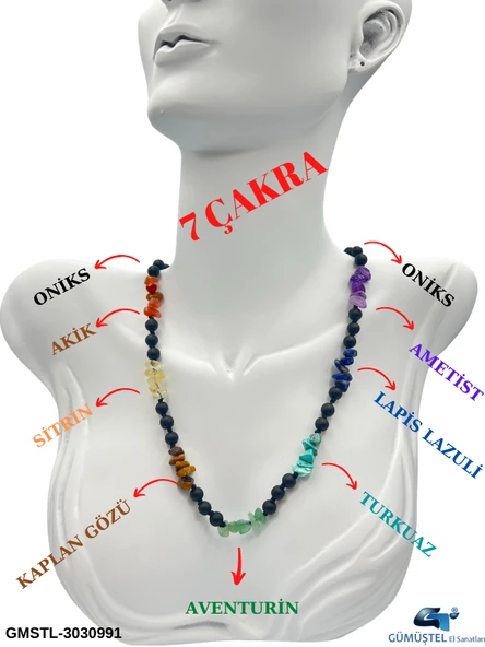 GÜMÜŞTEL EL SANATLARI Sertifikalı Doğal Taş 7 Çakra Oniks Taşı Tasarım Kolye