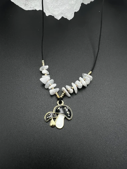 GÜMÜŞTEL EL SANATLARI Sertifikalı Aytaşı Doğal Taş Tasarım Kolye Mantar Obje Detaylı AAA Kalite - Resim 2