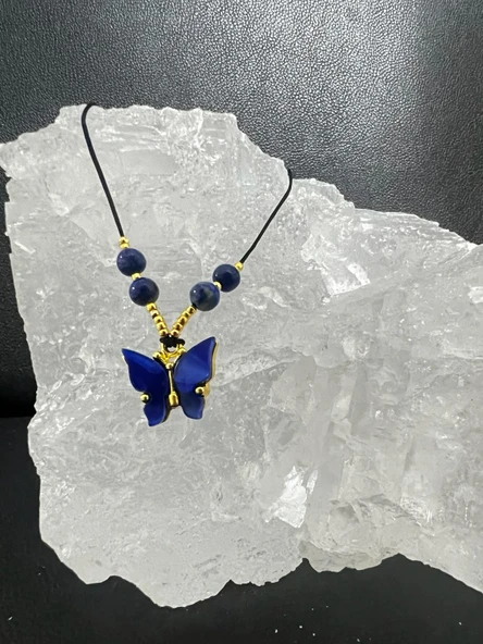 GÜMÜŞTEL EL SANATLARI Sertifikalı Orijinal Lapis Lazuli & Sedef Doğal Taş Kolye Kelebek Detaylı Asansörlü Kilit Sistemi - 2