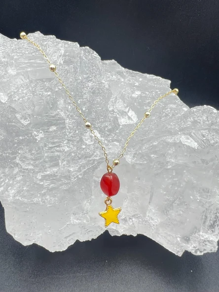 GÜMÜŞTEL EL SANATLARI Sertifikalı Akik Doğal Taş Tasarım Kolye El Yapımı Sarı Yıldız Obje Detaylı - Resim 4