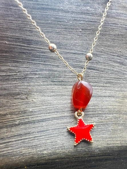 GÜMÜŞTEL EL SANATLARI Sertifikalı Akik Doğal Taş Tasarım Kolye El Yapımı Kırmızı Yıldız Obje Detaylı - 3