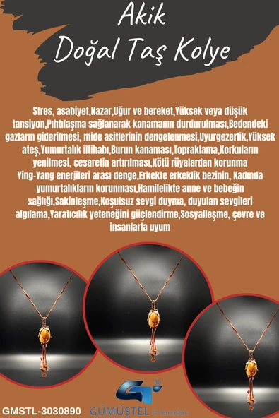 GÜMÜŞTEL EL SANATLARI Sertifikalı Akik Doğal Taş Tasarım Kolye El Yapımı Örgü Model Aaa Kalite - Resim 2