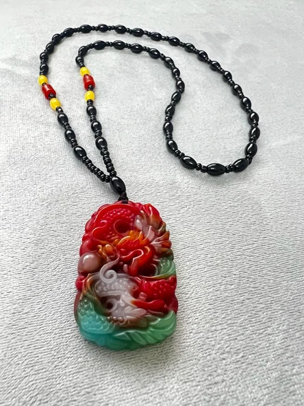 GÜMÜŞTEL EL SANATLARI Sertifikalı Doğal Taş Kehribar Akik Yeşim Tasarım Kolye Ejderha İşleme Detaylı Özel Üretim - Resim 2